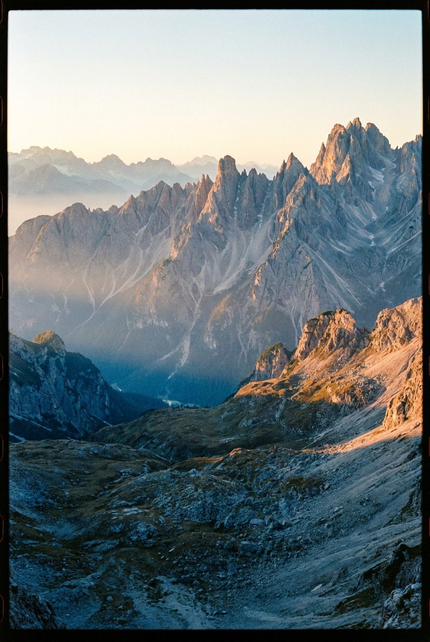Analog Film prompt pack — landscape & atmosphere section sample, misty mountain dawn
