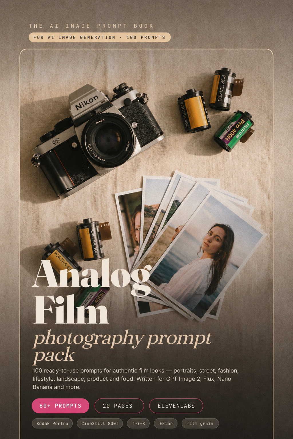 Analog Film Prompt Pack cover — a warm window-lit film portrait with visible grain and soft pastel Kodak Portra tones