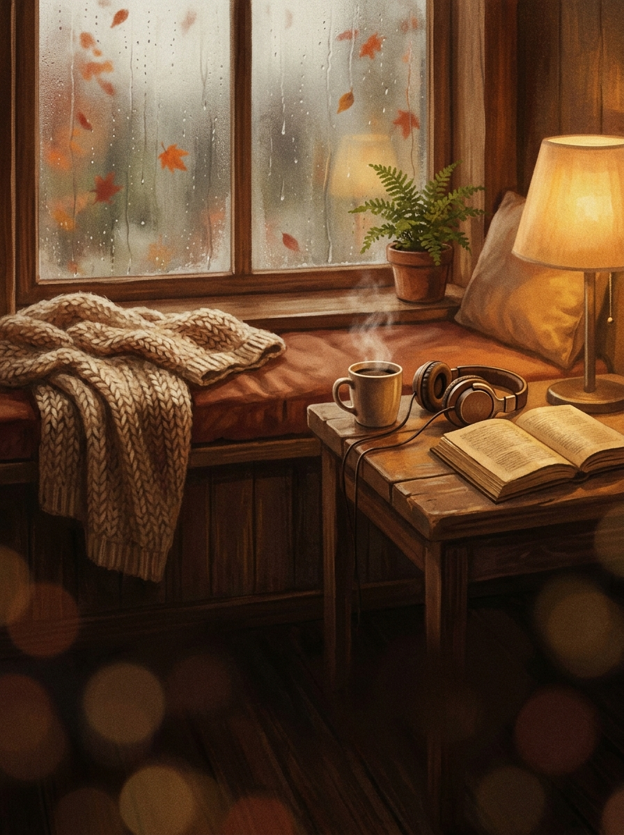 Autumn Loops cover — a cozy window seat with a blanket, warm lamp and falling leaves