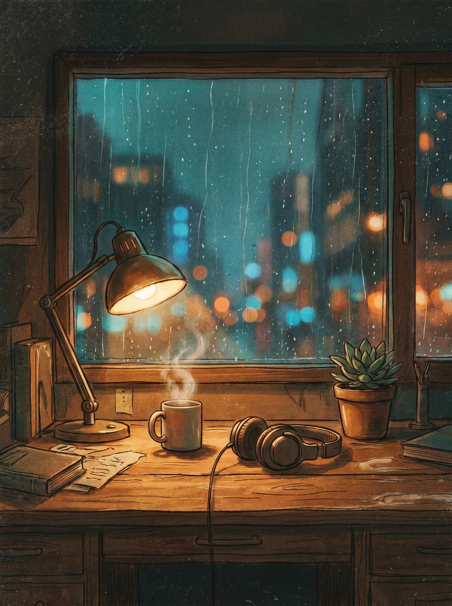 Lo-Fi Video Loops Essentials cover — a warm wooden desk by a rain-streaked window at night with blurred neon city bokeh, a glowing lamp, headphones and a steaming mug