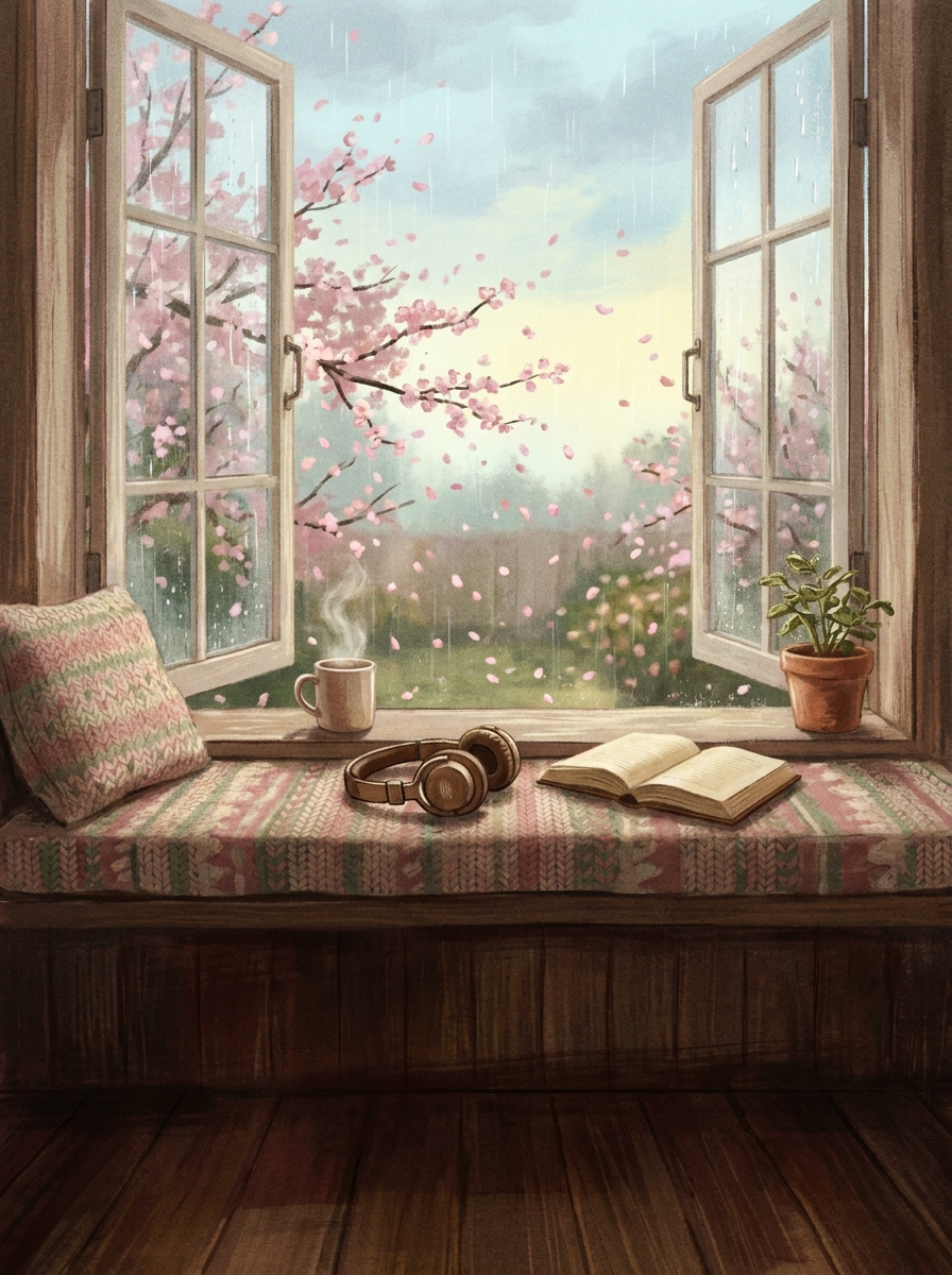 Spring Loops cover — cherry blossoms through an open window with headphones and an open book