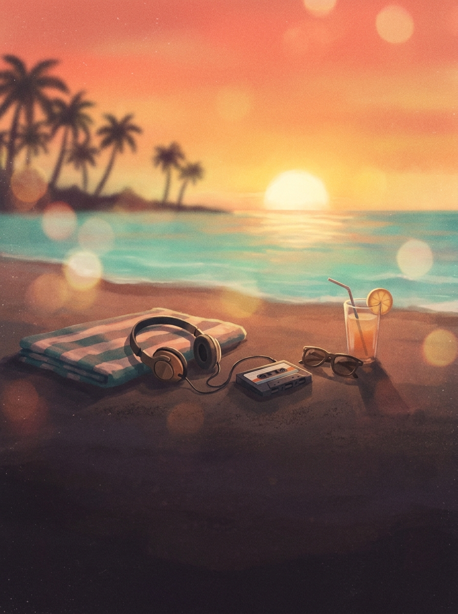 Summer Loops cover — a beach sunset with headphones, a cold drink and palm trees