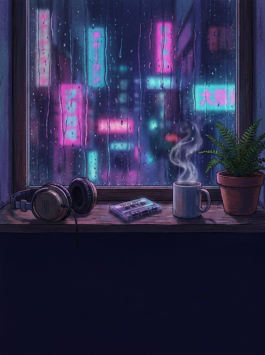 Tokyo Loops cover — a rain-streaked apartment window over a neon Tokyo skyline with headphones, a cassette tape and a steaming mug