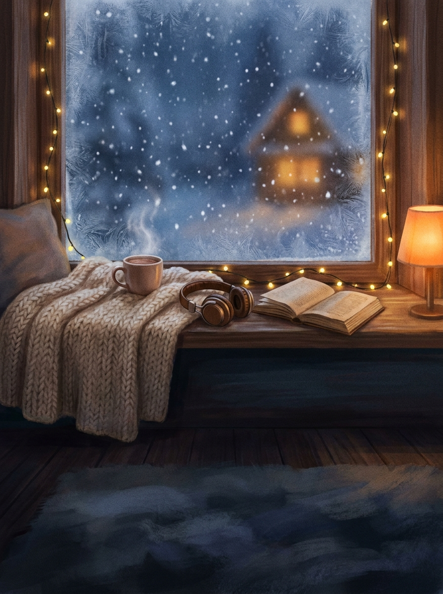 Winter Loops cover — a snowy cabin view through a frosted window with fairy lights and a warm blanket