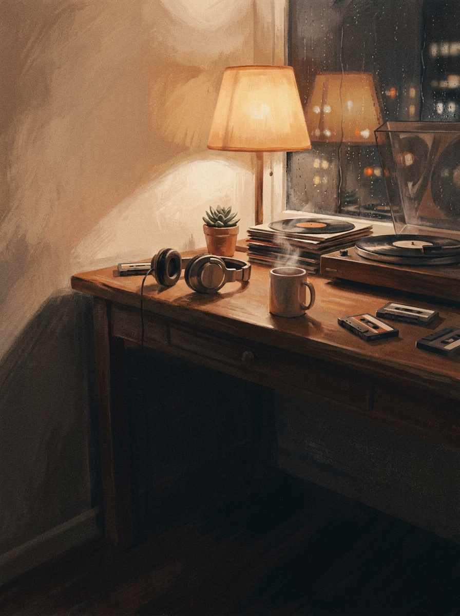 Dusty Loops cover — a cozy desk at night with headphones, a warm lamp and vinyl records